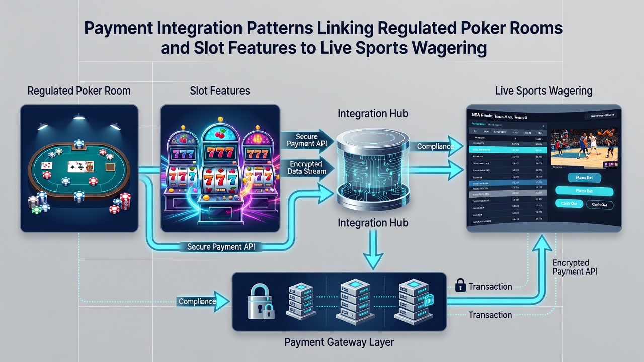 Screenshot of integrated mobile app showing poker, slots, and live sports betting with shared balance display